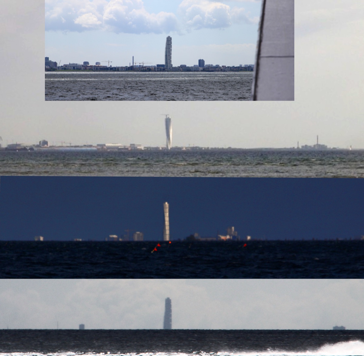 Cuatro fotografías del Turning Torso de Malmö desde distancias crecientes a través del Öresund, con la torre hundiéndose progresivamente bajo el horizonte marino