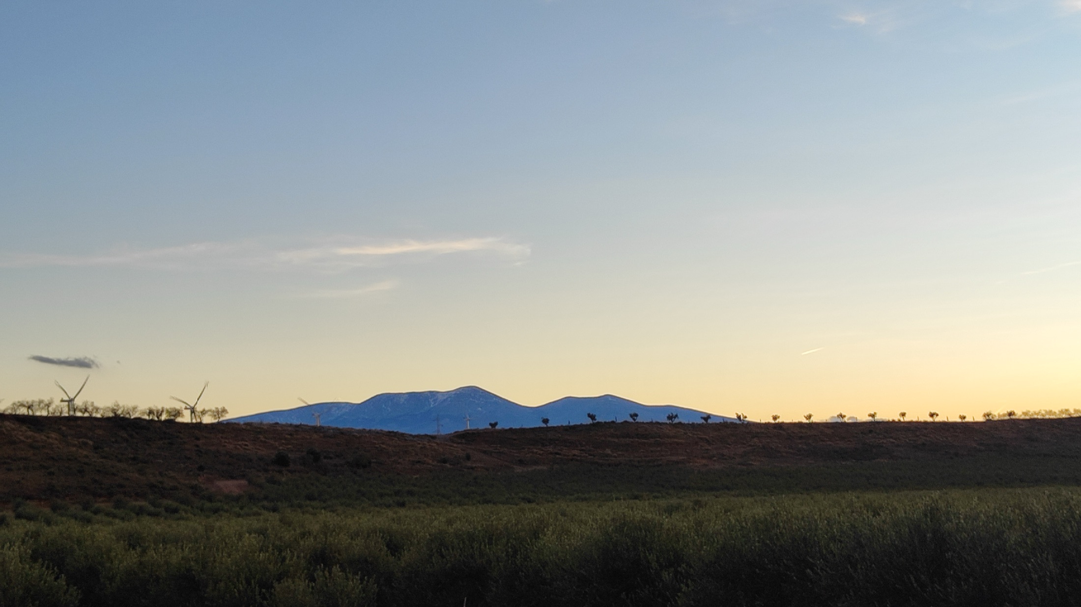 The Moncayo massif, snow-streaked, low on the horizon across the plain from Cascante at dusk, olive groves and wind turbines silhouetted below a warm sky