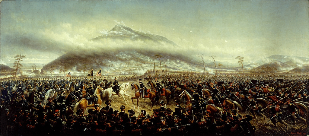 James Walker's 1874 panoramic painting of the Battle of Lookout Mountain, Union troops advancing up the fog-wrapped slope