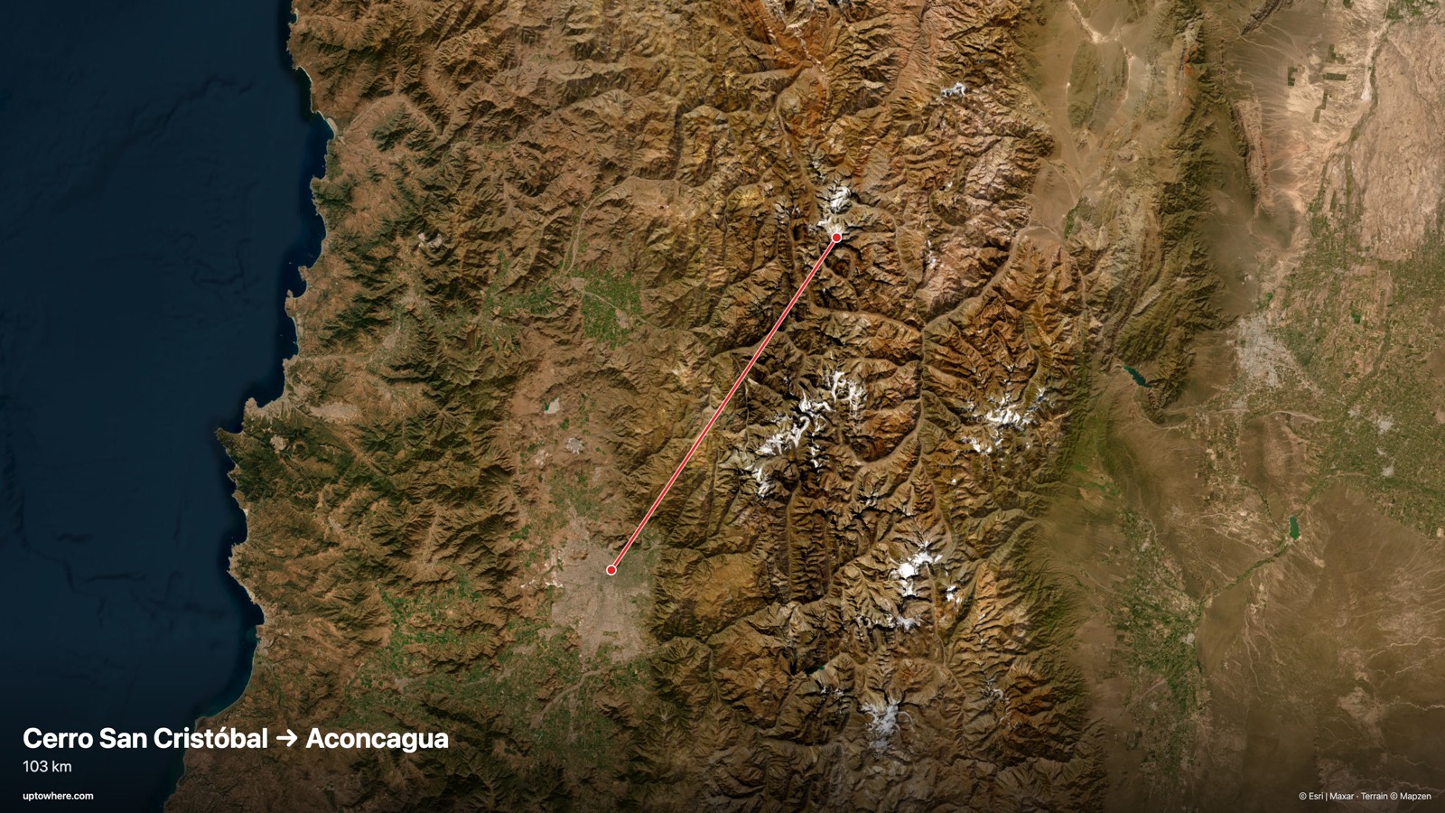 Mapa satelital con la línea de visión de el cerro San Cristóbal, Santiago a el Aconcagua dibujada en rojo