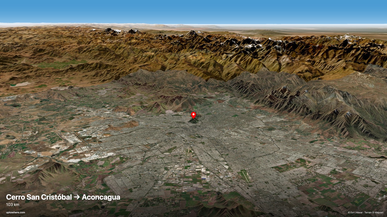 Vista 3D del terreno desde el cerro San Cristóbal, Santiago hacia el Aconcagua