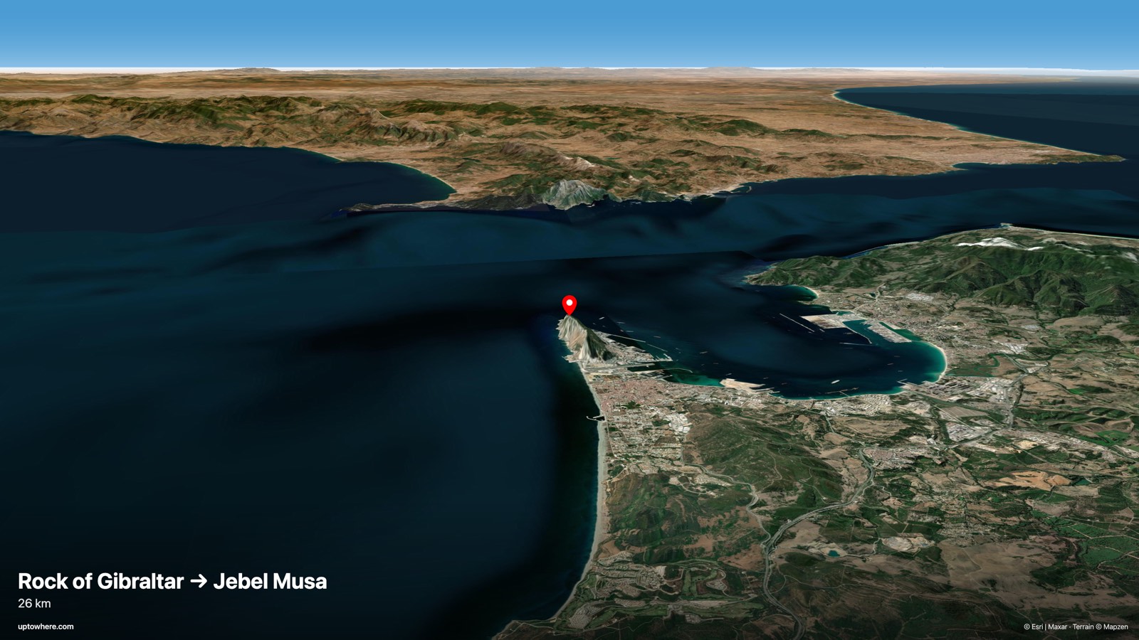 Vista 3D del terreno desde el Peñón de Gibraltar (O'Hara's Battery) hacia el Yebel Musa, Marruecos
