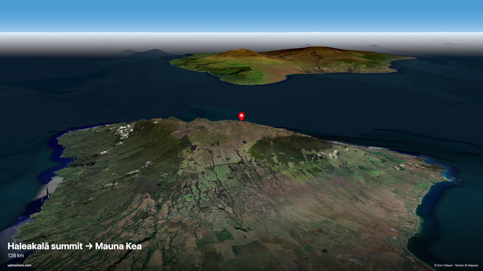 Vista 3D del terreno desde la cumbre del Haleakalā, Maui hacia el Mauna Kea, isla de Hawái