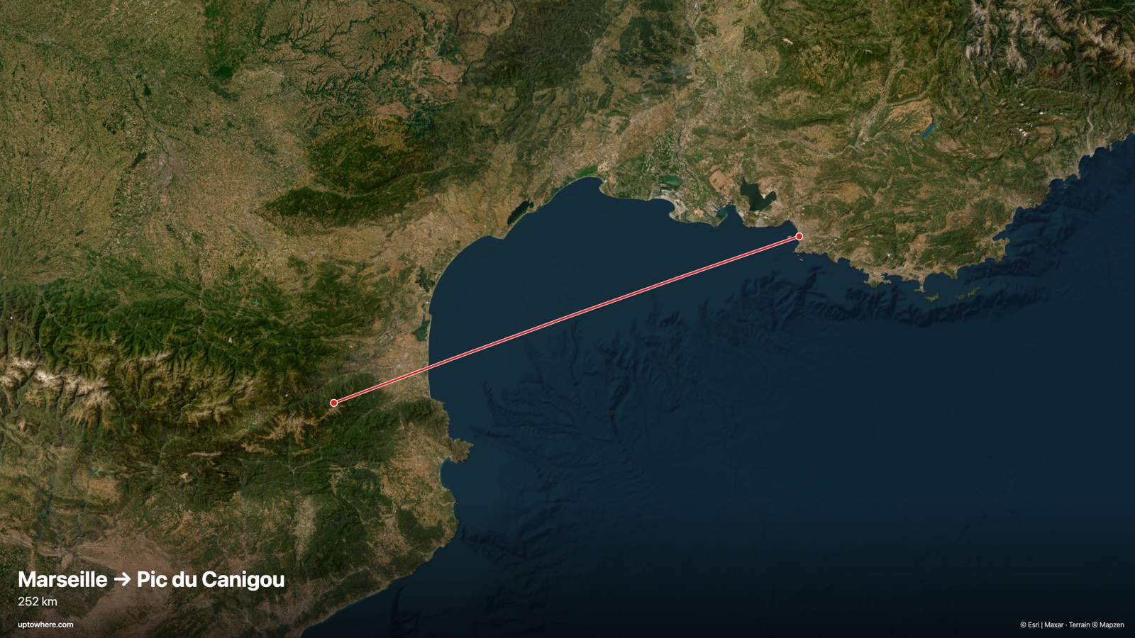 Satellite map with the sightline from Marseille (Notre-Dame de la Garde) to Pic du Canigou drawn in red