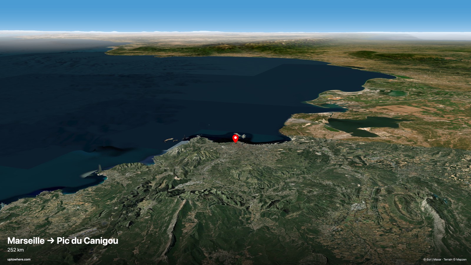 3D terrain view from Marseille (Notre-Dame de la Garde) toward Pic du Canigou