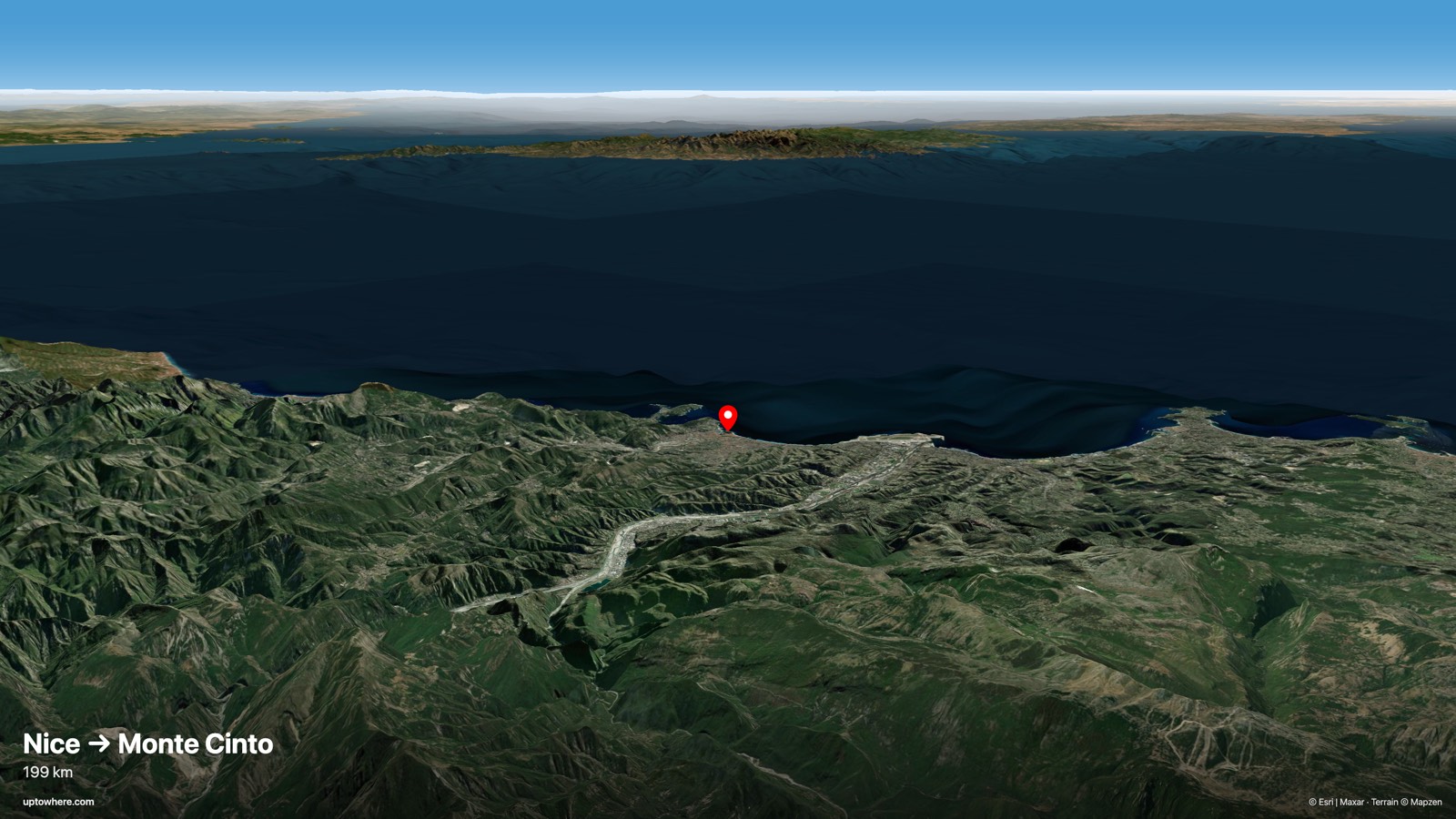 Vista 3D del terreno desde Niza (Colina del Castillo) hacia el Monte Cinto, Córcega