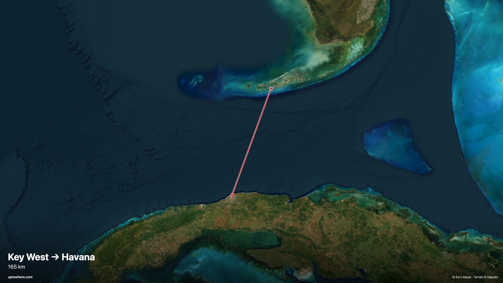 Mapa satelital con la línea de visión de Cayo Hueso (Southernmost Point) a La Habana (faro de El Morro) dibujada en rojo
