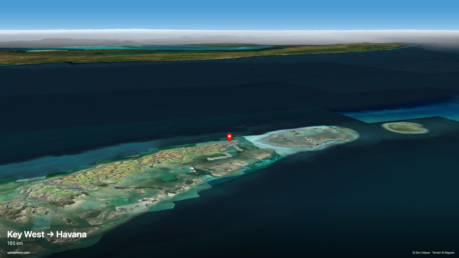 Vista 3D del terreno desde Cayo Hueso (Southernmost Point) hacia La Habana (faro de El Morro)