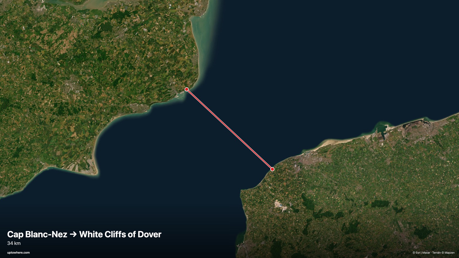 Satellite map with the sightline from Cap Blanc-Nez, France to the White Cliffs of Dover drawn in red