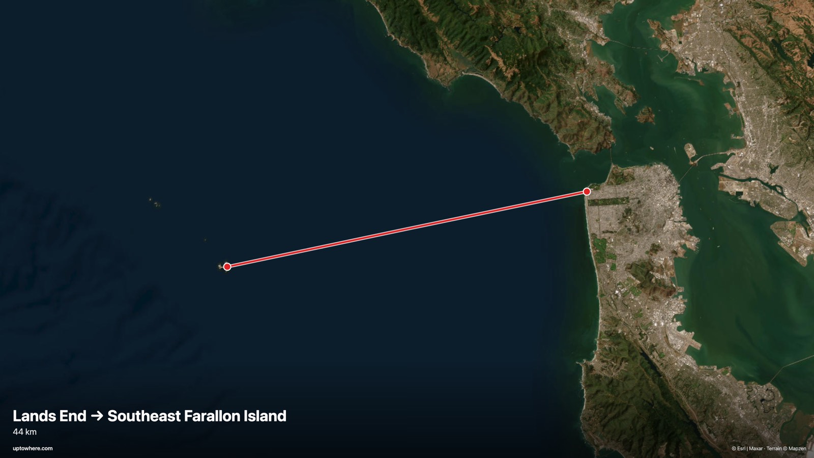 Satellite map with the sightline from Lands End, San Francisco to Southeast Farallon Island drawn in red