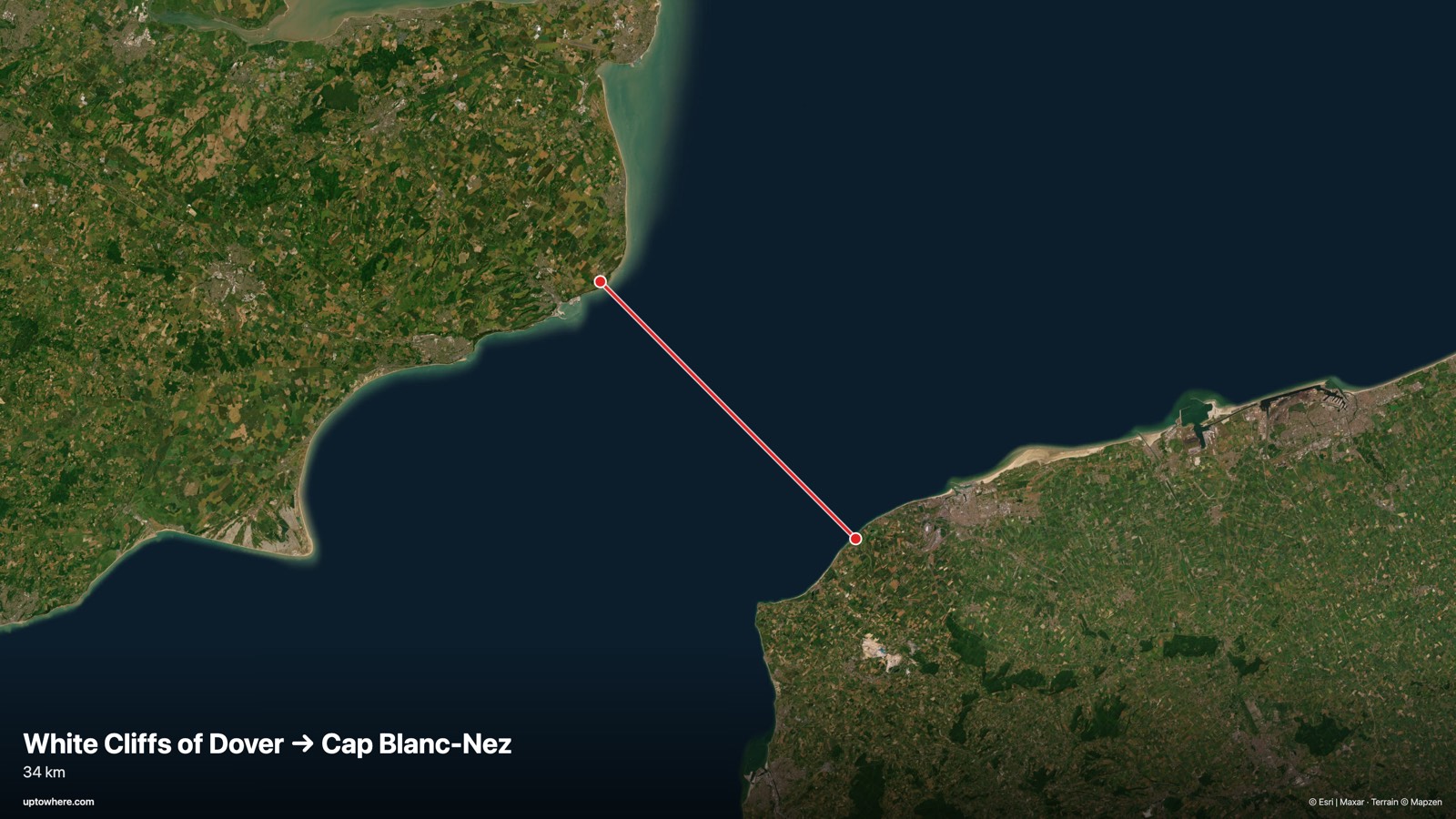 Mapa satelital con la línea de visión de los acantilados blancos de Dover a el cabo Blanc-Nez, Francia dibujada en rojo