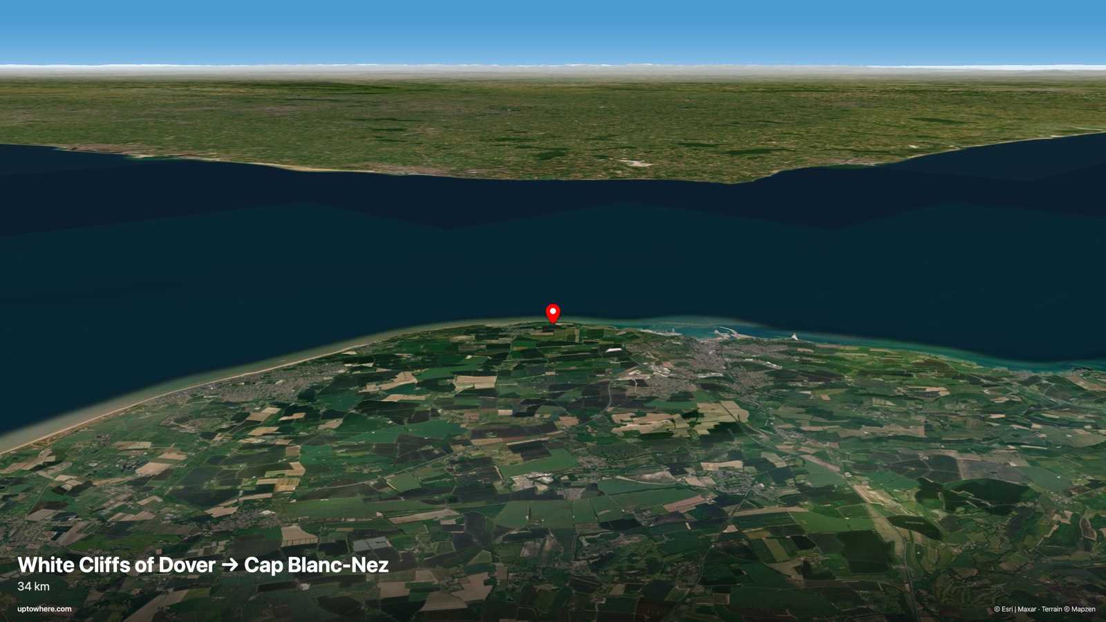 Vista 3D del terreno desde los acantilados blancos de Dover hacia el cabo Blanc-Nez, Francia