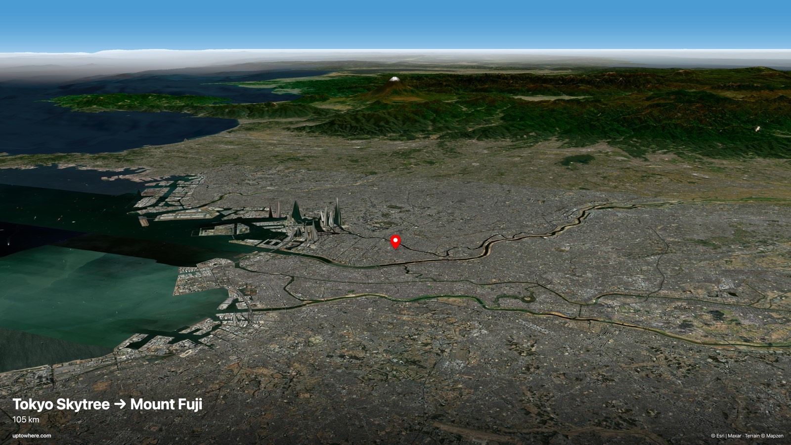 Vista 3D del terreno desde el Tokyo Skytree hacia el Monte Fuji