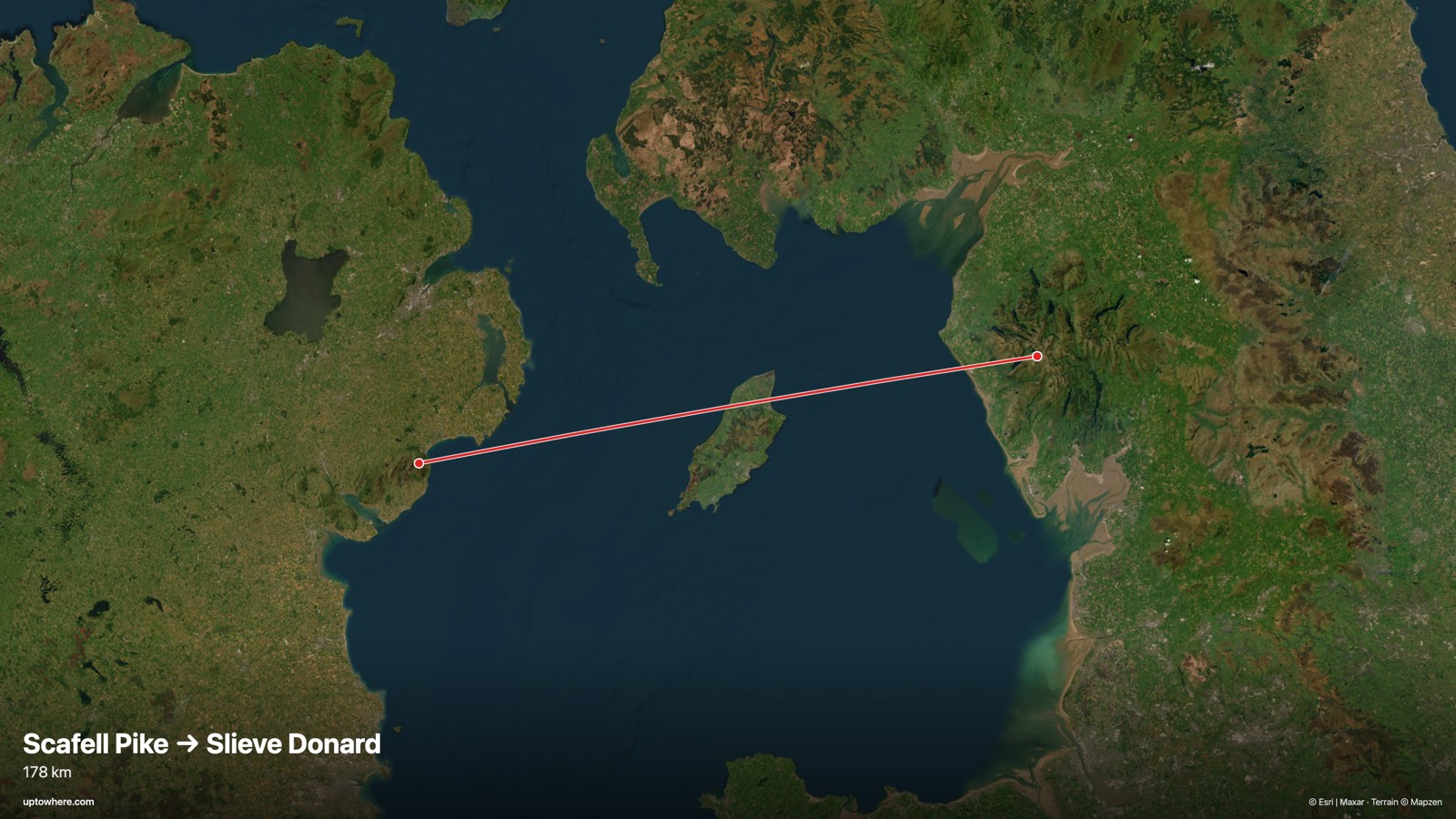 Satellite map with the sightline from Scafell Pike, England to Slieve Donard, Northern Ireland drawn in red