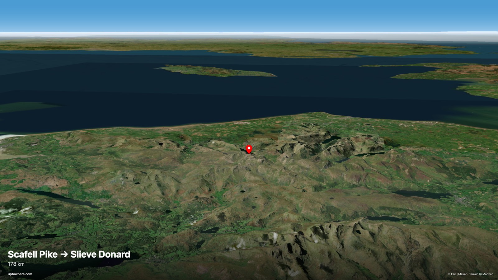 3D terrain view from Scafell Pike, England toward Slieve Donard, Northern Ireland