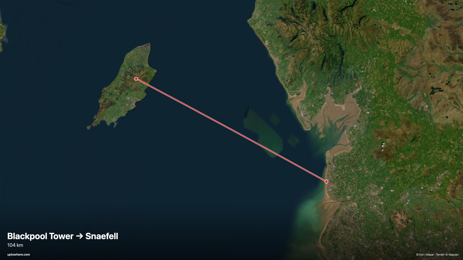 Satellite map with the sightline from Blackpool Tower to Snaefell, Isle of Man drawn in red