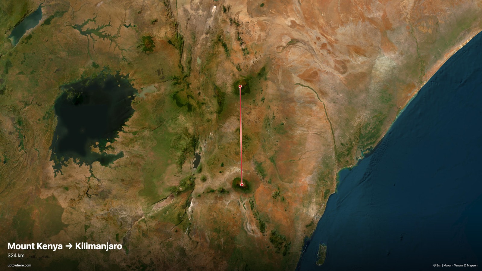 Mapa satelital con la línea de visión de el monte Kenia (Batian) a el Kilimanjaro dibujada en rojo