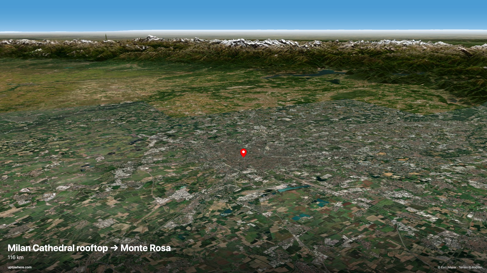 Vista 3D del terreno desde las terrazas del Duomo de Milán hacia el Monte Rosa (Dufourspitze)