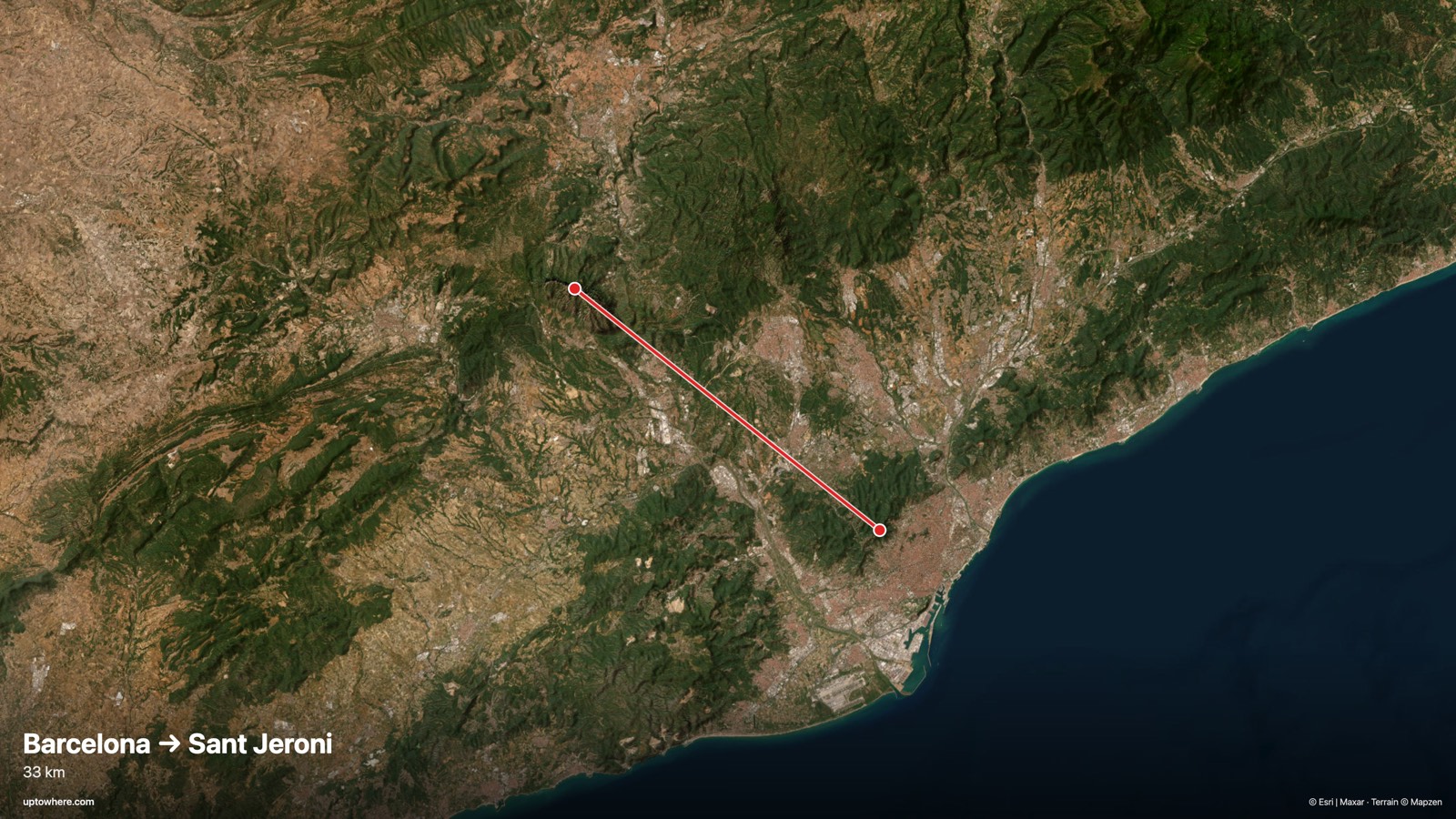 Mapa satelital con la línea de visión de Barcelona (Tibidabo) a Sant Jeroni, Montserrat dibujada en rojo