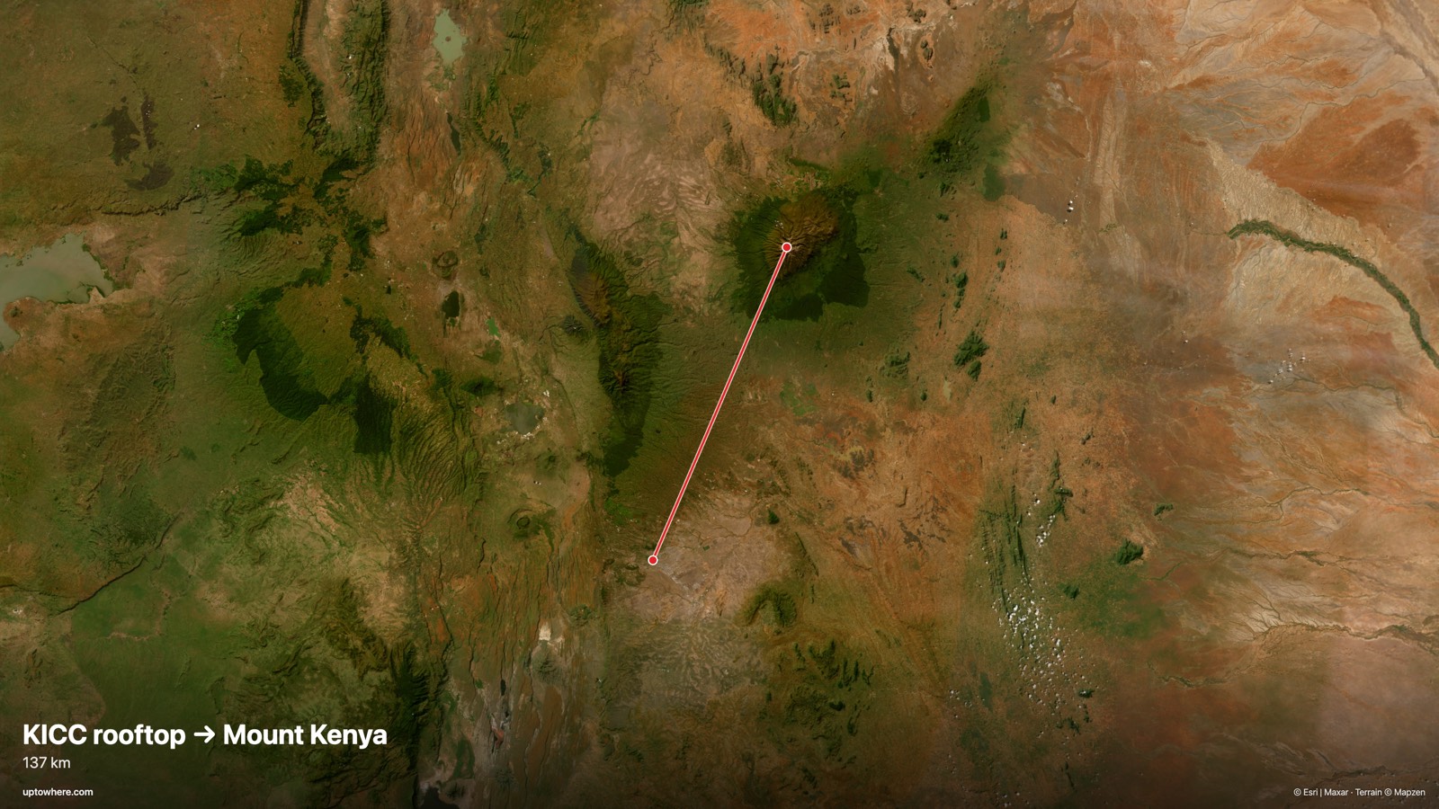 Mapa satelital con la línea de visión de la azotea del KICC, Nairobi a el monte Kenia (Batian) dibujada en rojo