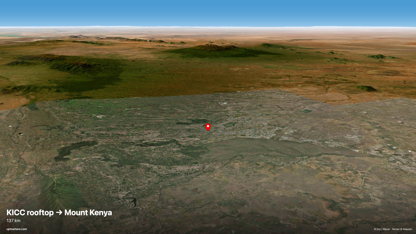 Vista 3D del terreno desde la azotea del KICC, Nairobi hacia el monte Kenia (Batian)