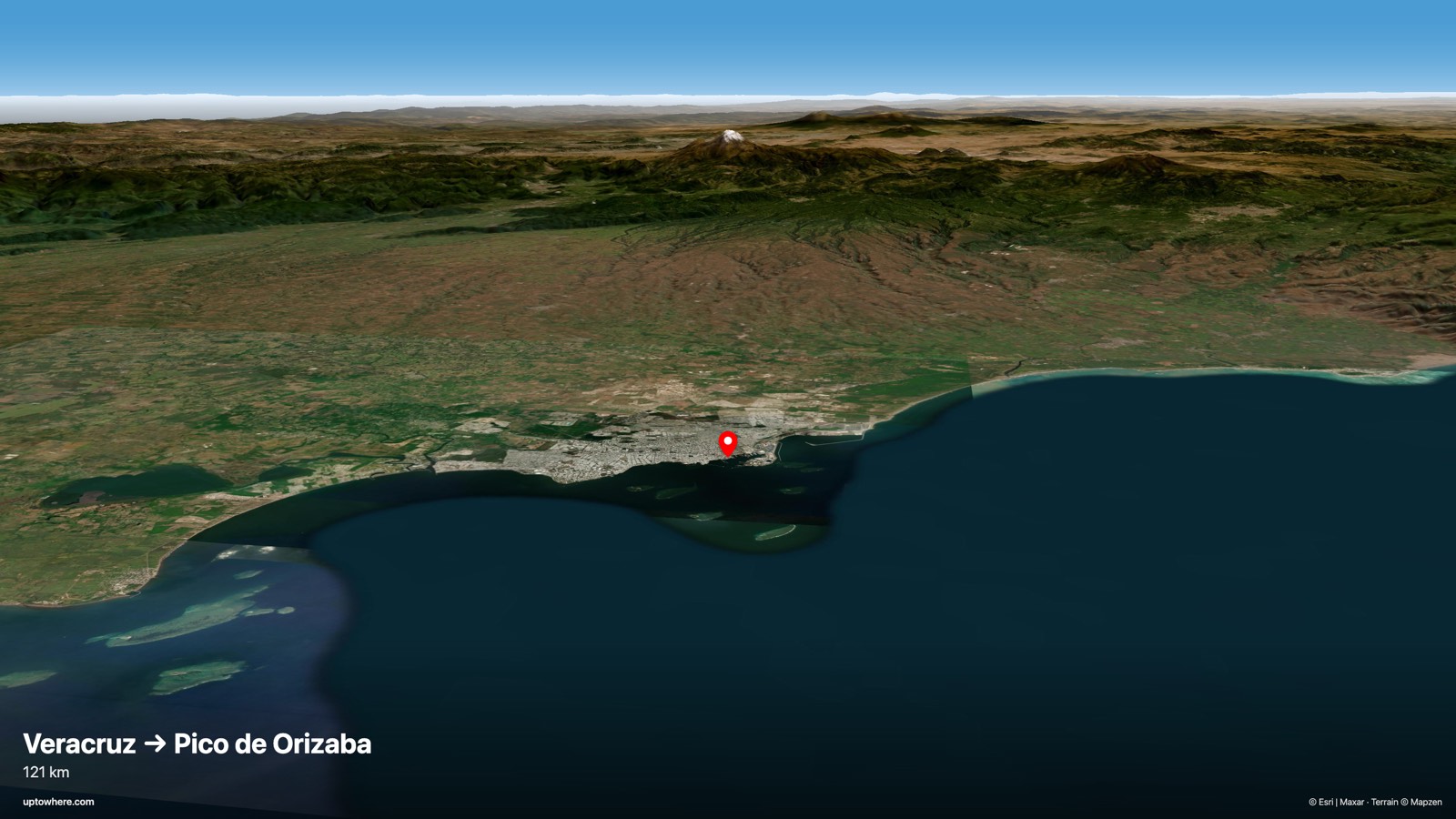 3D terrain view from Veracruz (harbour boulevard) toward Pico de Orizaba