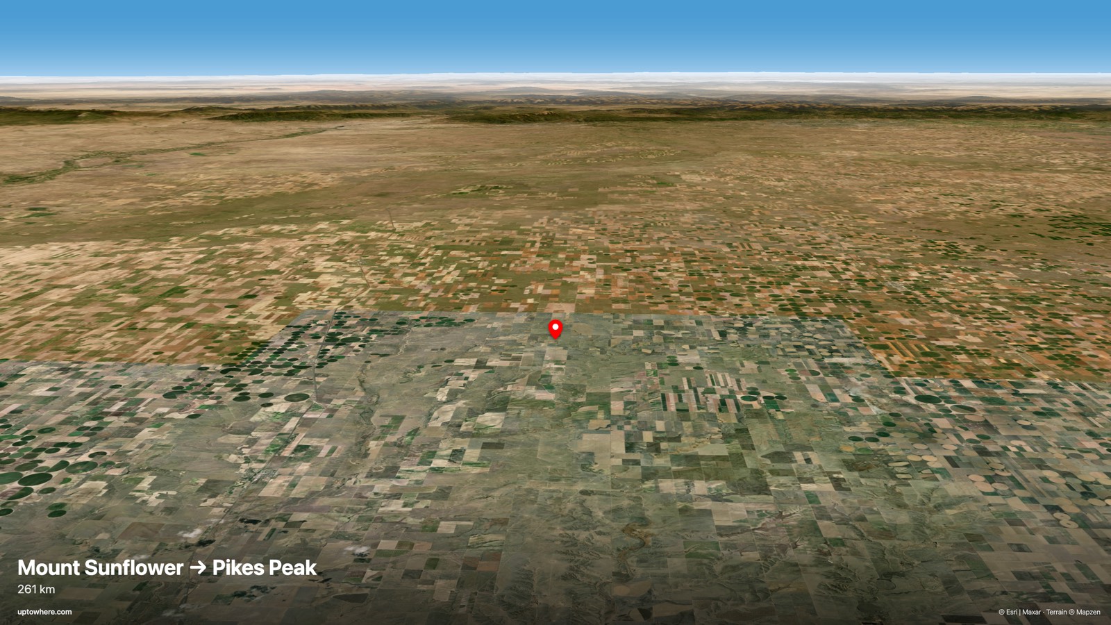 3D terrain view from Mount Sunflower, Kansas toward Pikes Peak, Colorado