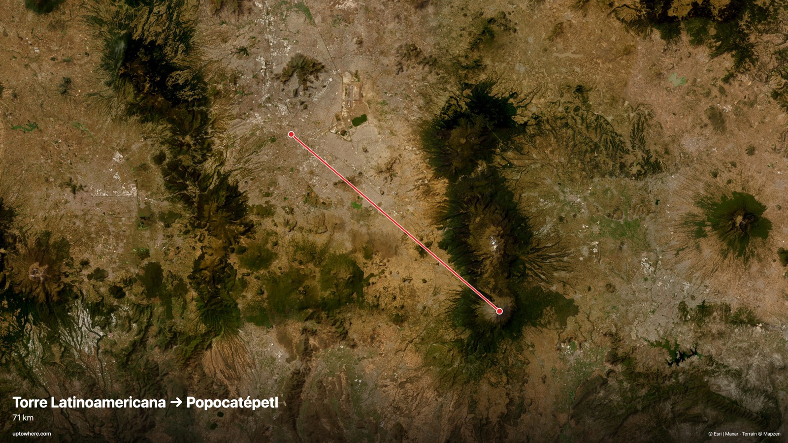 Satellite map with the sightline from Torre Latinoamericana, Mexico City to Popocatépetl drawn in red
