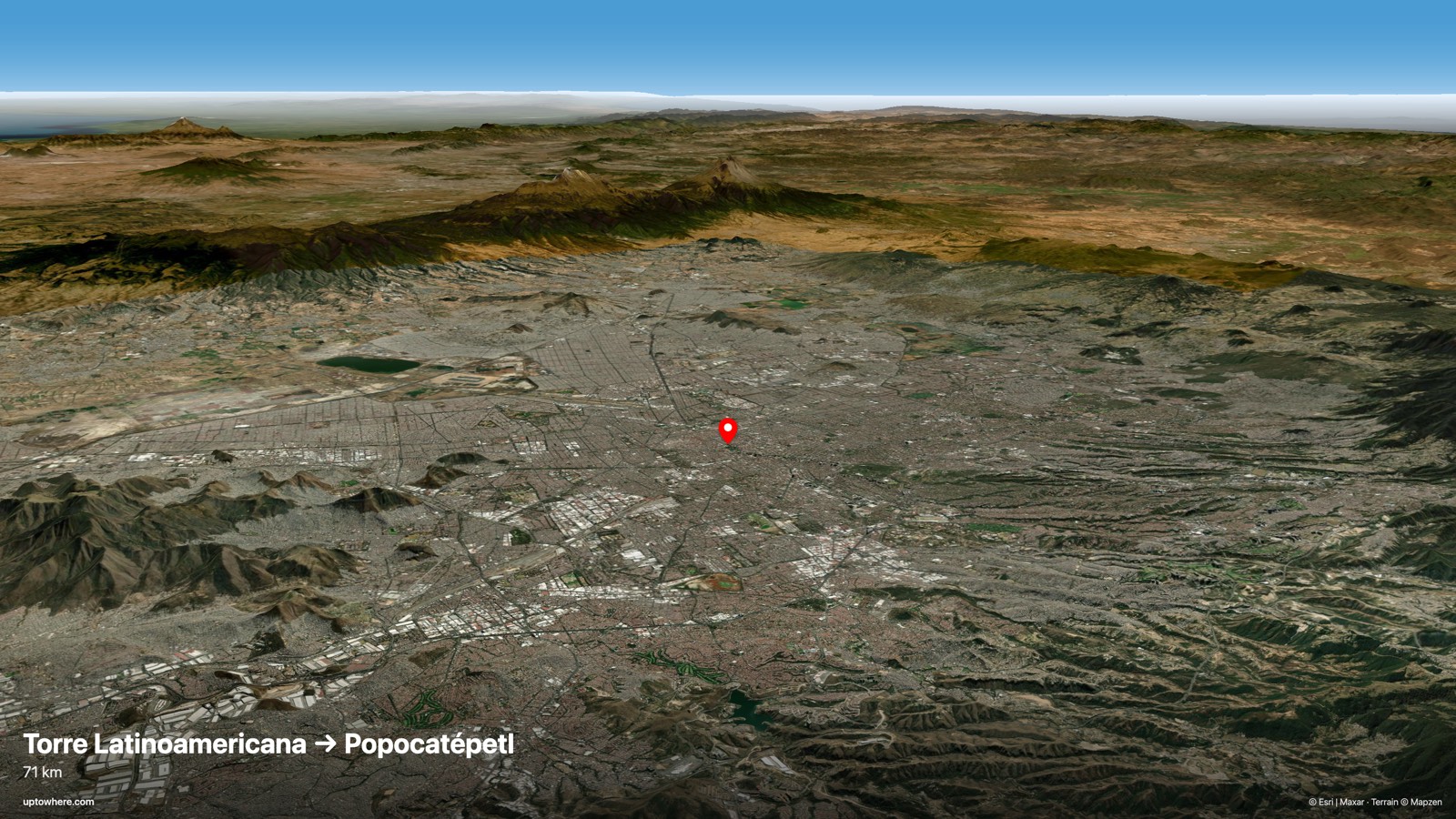 3D terrain view from Torre Latinoamericana, Mexico City toward Popocatépetl