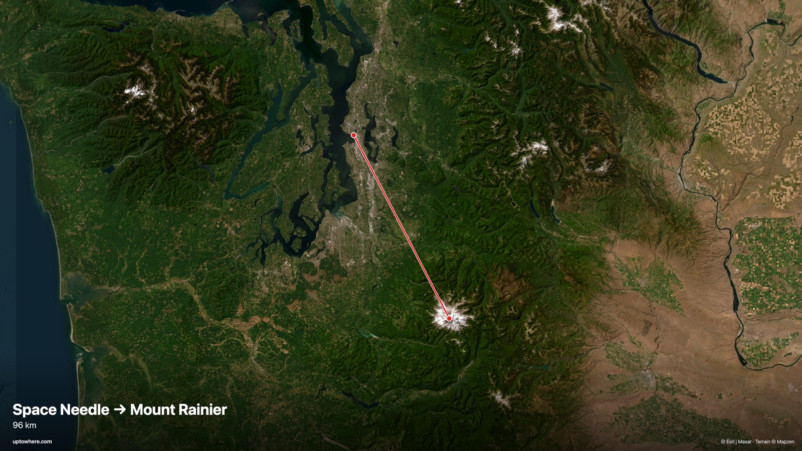 Satellite map with the sightline from the Space Needle, Seattle to Mount Rainier drawn in red