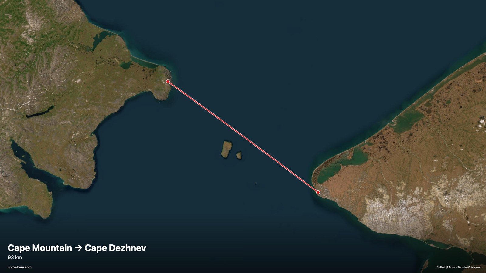 Satellite map with the sightline from Cape Mountain, Wales, Alaska to Cape Dezhnev, Russia drawn in red
