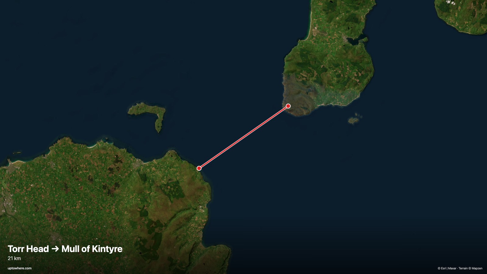 Satellite map with the sightline from Torr Head, Northern Ireland to the Mull of Kintyre, Scotland drawn in red
