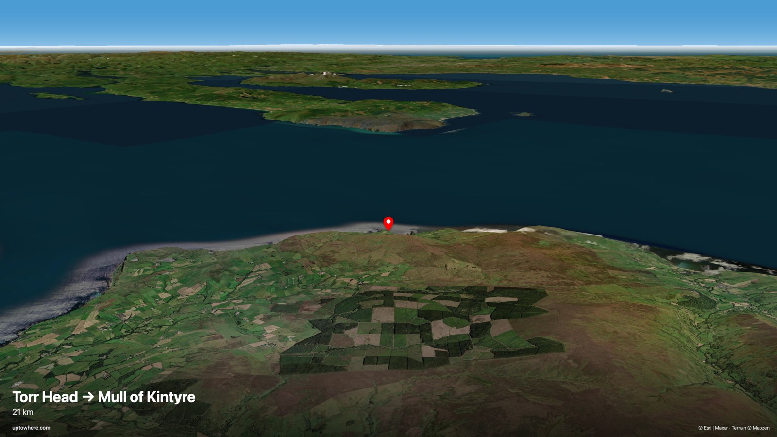 3D terrain view from Torr Head, Northern Ireland toward the Mull of Kintyre, Scotland
