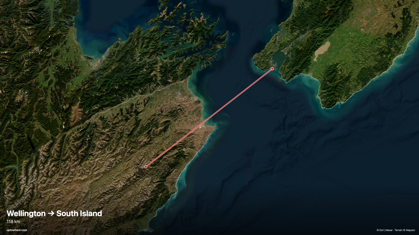 Satellite map with the sightline from Wellington (Princess Bay) to the South Island (Kaikōura Ranges) drawn in red