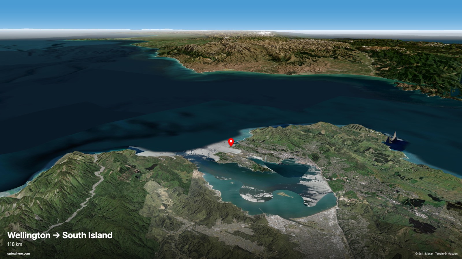 3D terrain view from Wellington (Princess Bay) toward the South Island (Kaikōura Ranges)