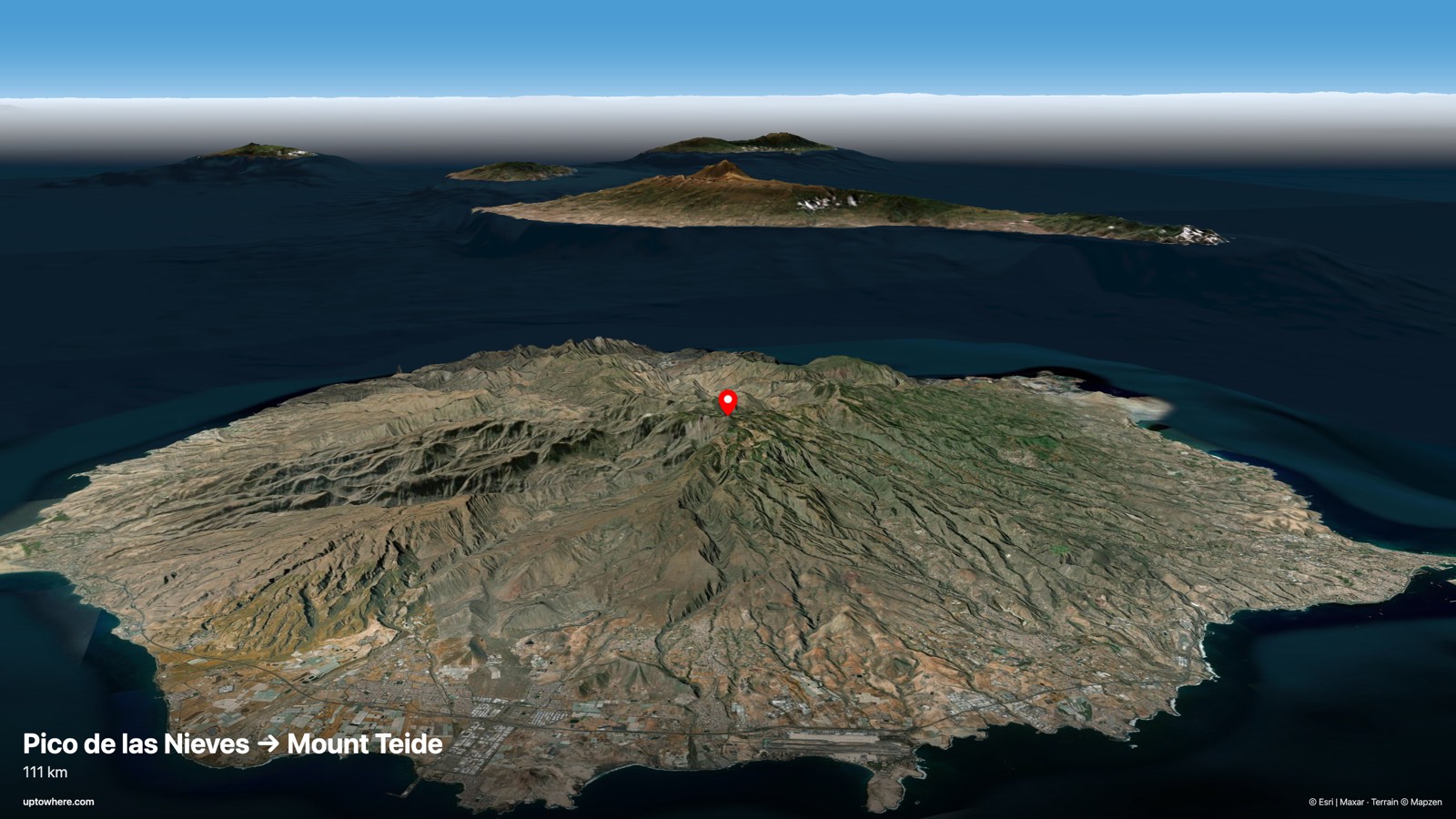 Vista 3D del terreno desde el pico de las Nieves, Gran Canaria hacia el Teide, Tenerife